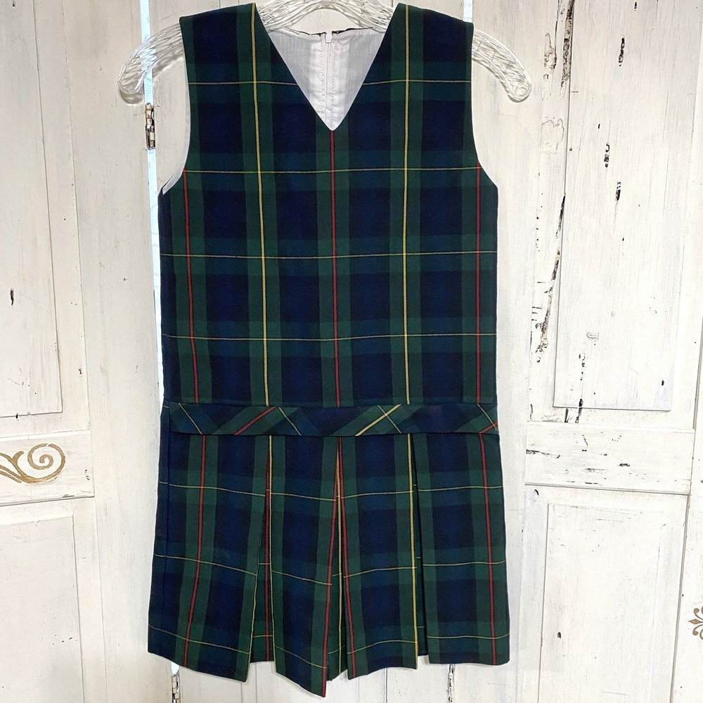 Girls V-Neck Classic Drop Waist Jumper Uniform Box Pleats Trad Plaid Size 7-10